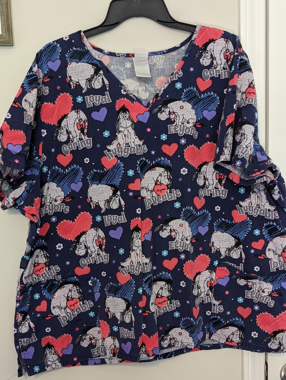 Disney Eeyore Loyal Caring Loveable Huggable Stitched Heart Scrub Uniform Top